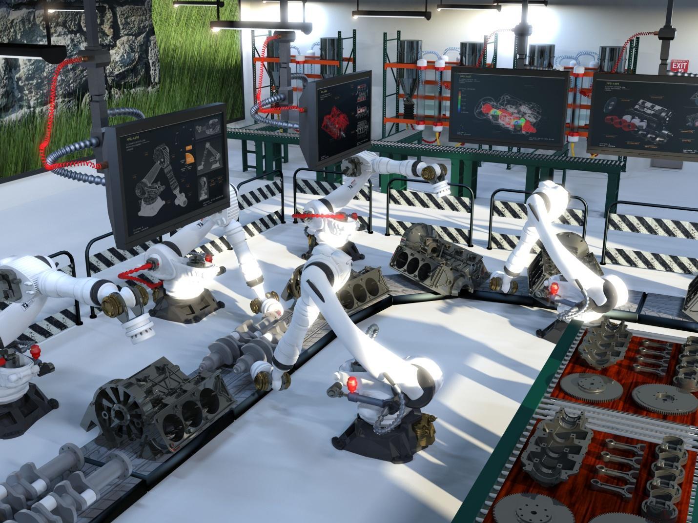 A concept of a manufacturing plant with industrial robots modeled in Autodesk 3DS Max using polygonal modeling