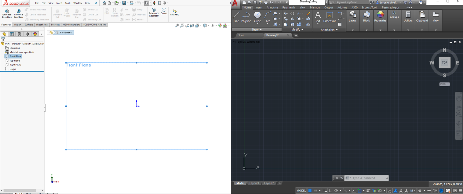 Side by side view of two different CAD softwares and how they name 2D planes