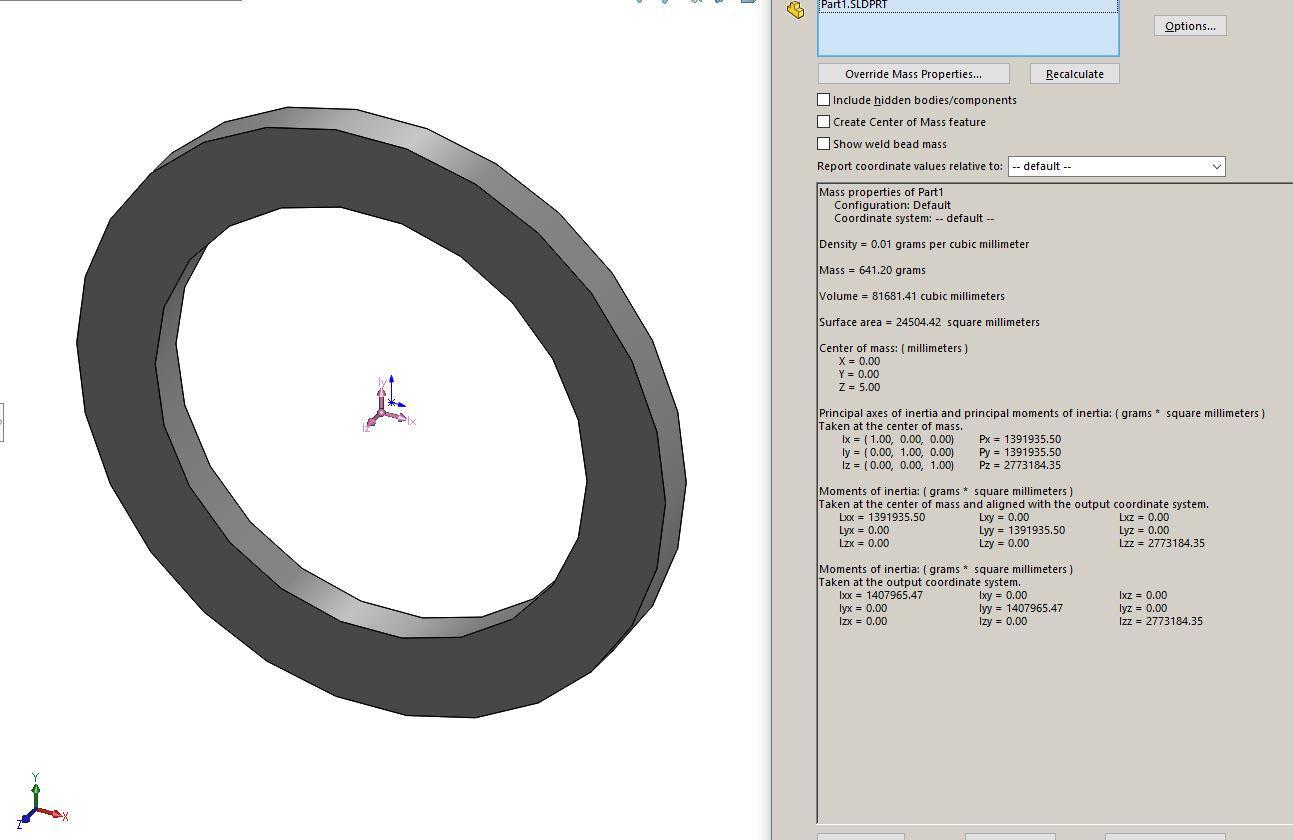 Screenshot of a 3D CAD model of a ring with mass properties and moment of inertia