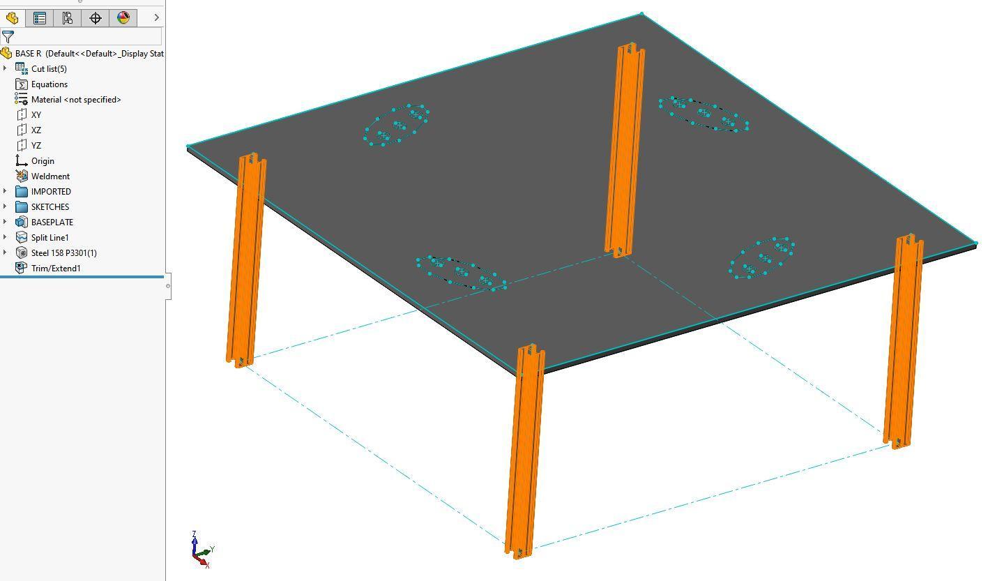screenshot of a 3D CAD model of a table with unistrut weldment legs