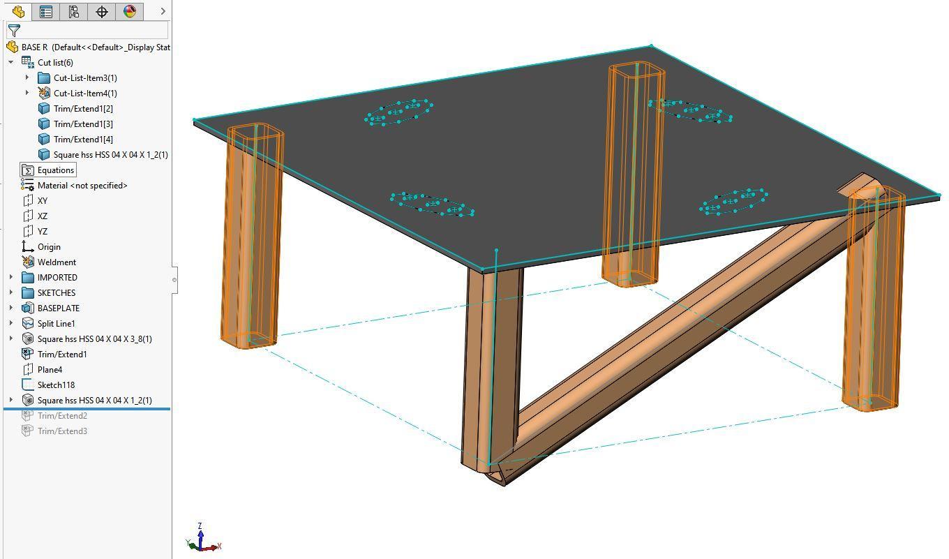 screenshot of a 3D CAD model with square legs and a diagonal brace