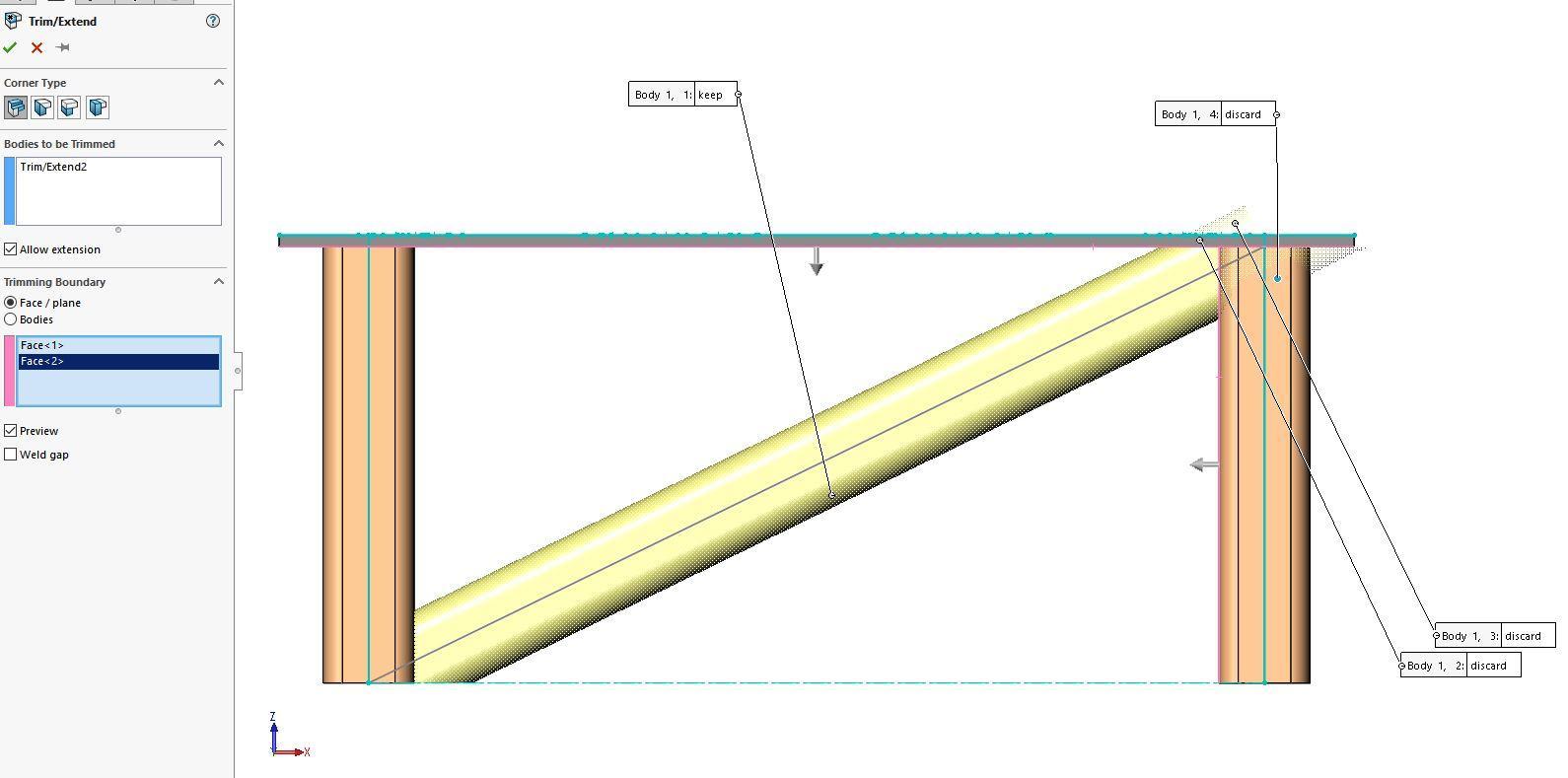Screenshot of a 3D CAD model showing the side view of a table with a diagonal brace