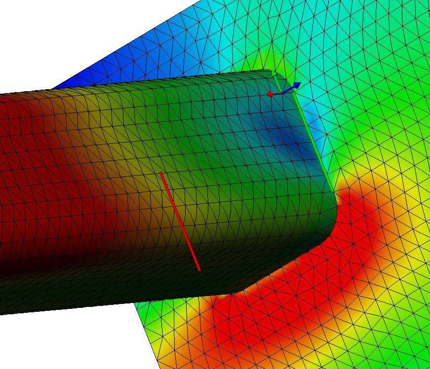 Screenshot of a 3D CAD model displayed with a colorful mesh to show stress distribution