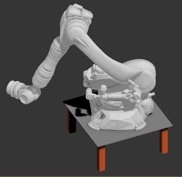a screenshot of a 3D model of a multi axis robot arm on a table