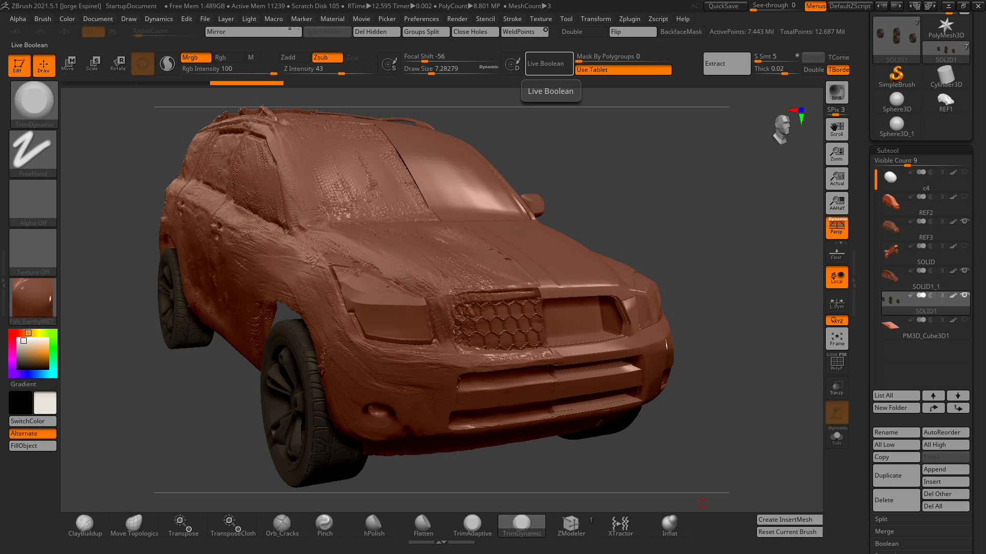 Car sculpted from clay using digital sculpting in Zbrush