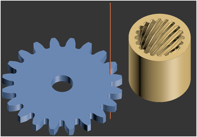 a regular gear next to an internal helical gear