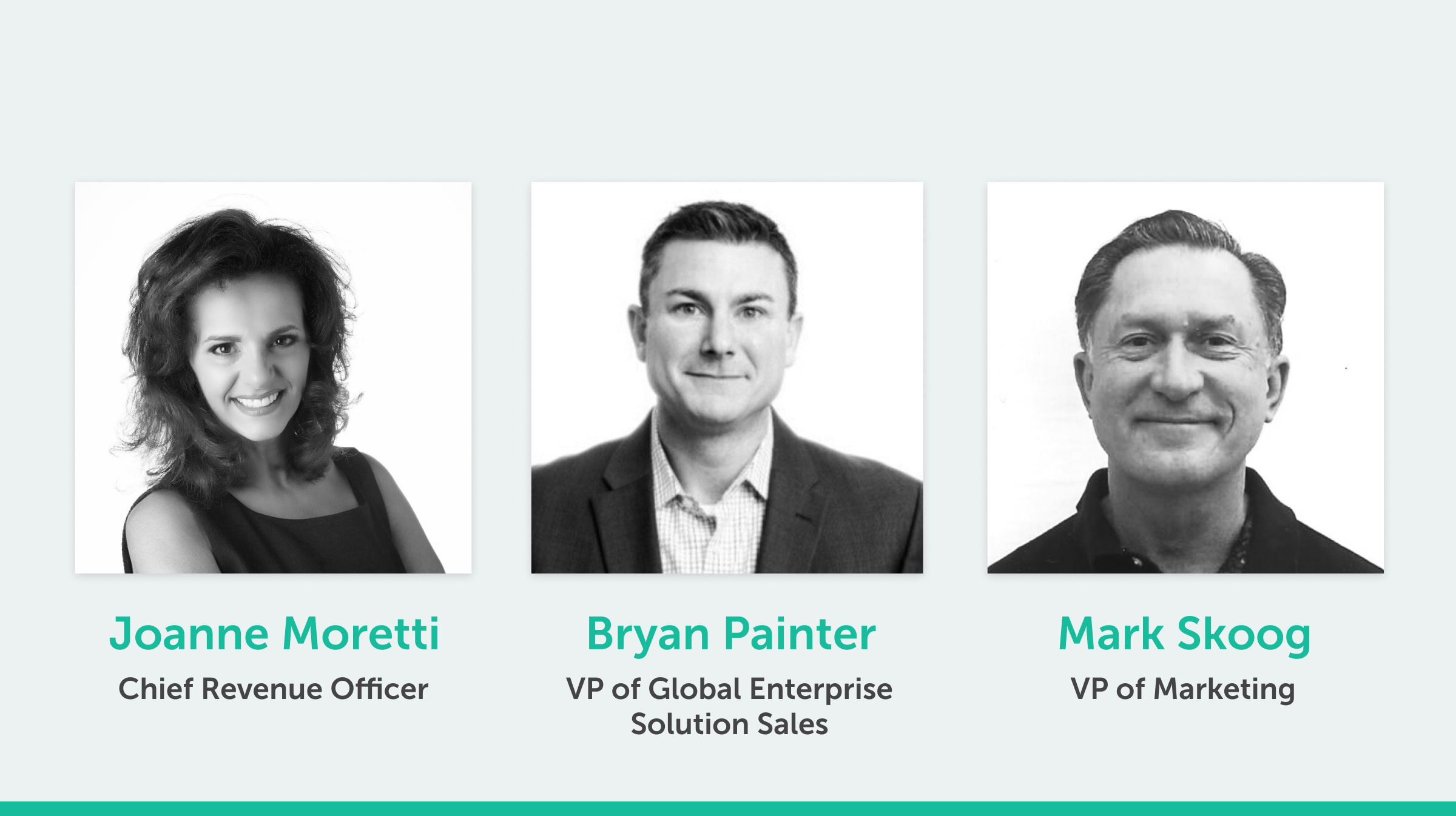 Headshots of China Manufacturing parts, Inc. Chief Revenue Officer Joanne Moretti, VP of Global Enterprise Solution Sales Bryan Painter, and VP of Marketing Mark Skoog